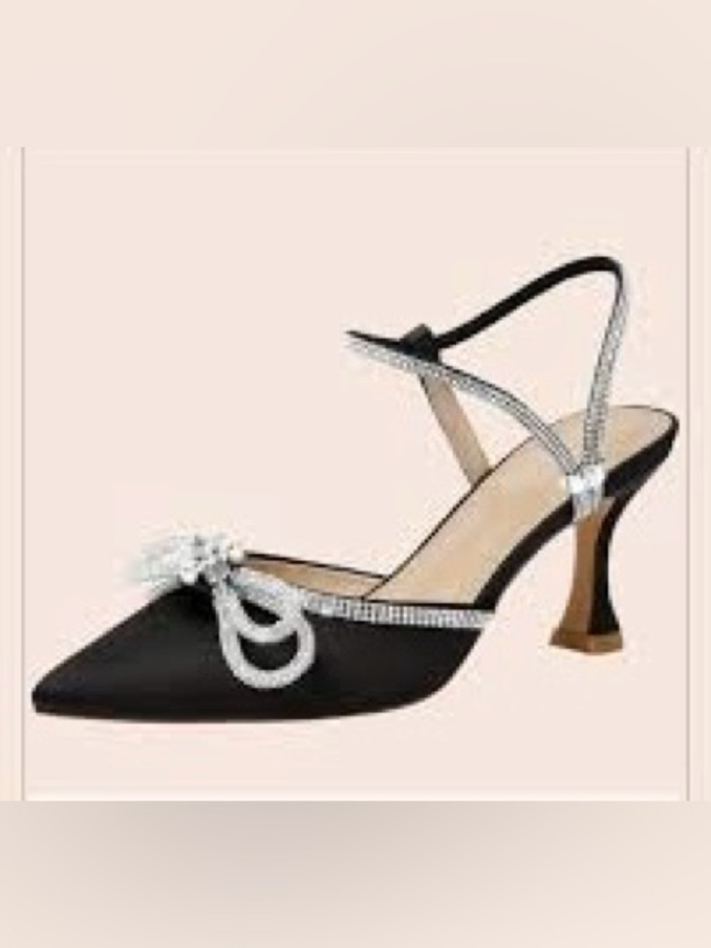 Women's Black Pointed Slingback Heels with Silver Bow Accent